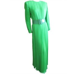 Galanos Green Knife Pleated Dress with Snakeskin Belt
