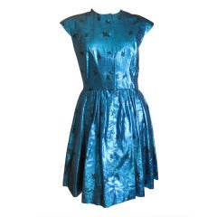 Pauline Trigere Blue Metallic Silk Dress 1960's