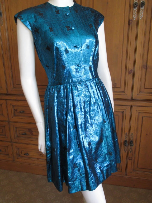 Pauline Trigere Blue Metallic Silk Dress 1960's In Excellent Condition In Cloverdale, CA