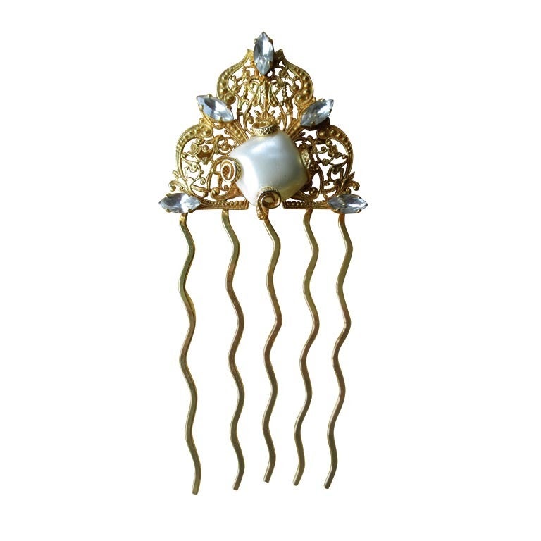 Dominique Aurientis Golden Pearl and Crystal Hair Comb For Sale