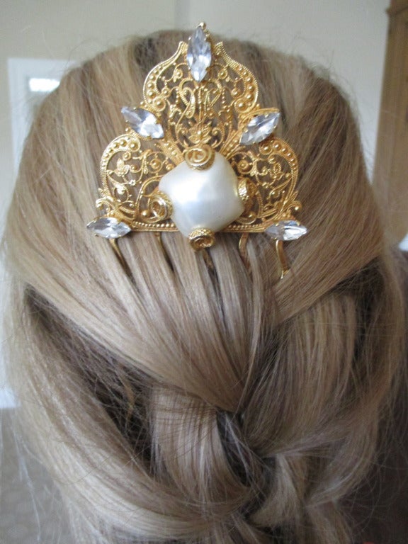 Dominique Aurientis Golden Pearl and Crystal Hair Comb For Sale 1