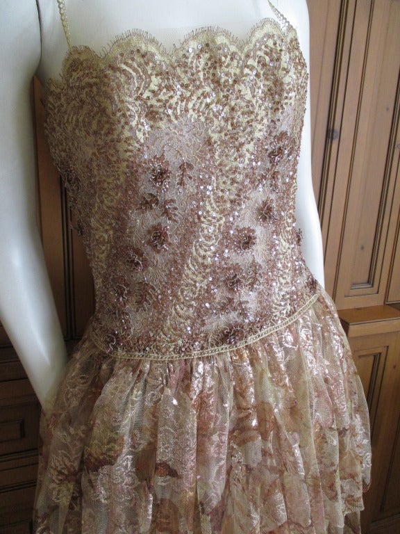 Nina Ricci Haute Couture Sheer Gold Lace Evening Dress In Excellent Condition In Cloverdale, CA