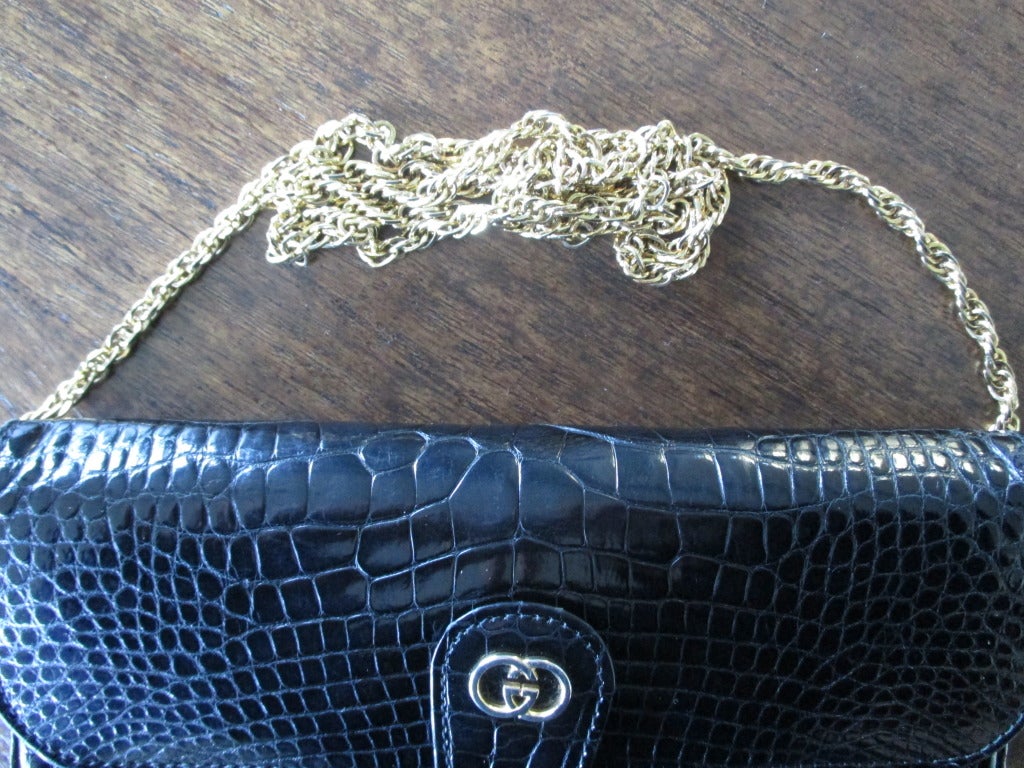 Gucci Classic Crocodile Vintage Envelope Clutch with Gold Chain 1