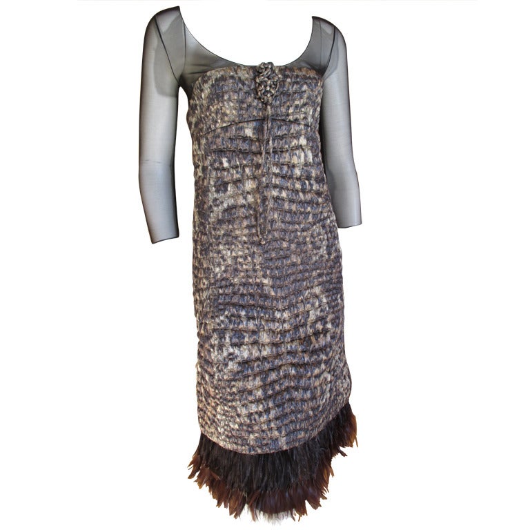Ralph Rucci Feather Trim Quilted Alligator Pattern Cocktail Dress
