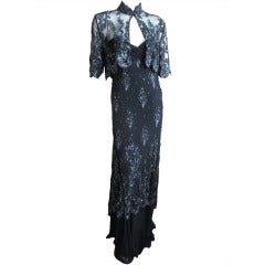 VIckie Teil Couture Paris Black Beaded Strapless Dress & Matching Lace Bolero