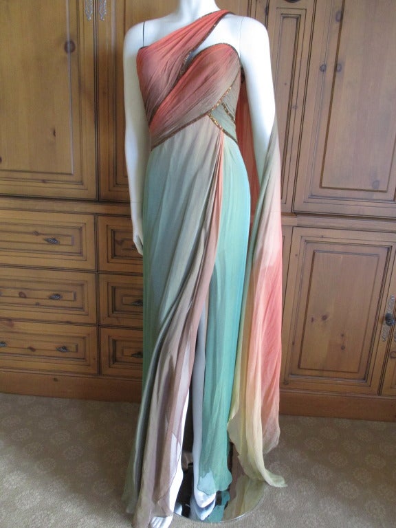 Bob Mackie Ombre Silk Chiffon Godess Dress.
Multiple layers of silk chiffon .
Exquisite on, photos don't quite get the charms

*One layer of chiffon appears to have been ripped.  See last image*