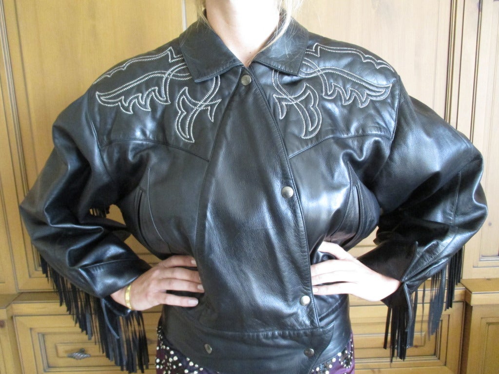 Claude Montana Iconic Black  Fringed Western Leather Jacket 1979 In Excellent Condition In Cloverdale, CA