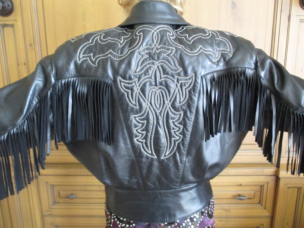 Women's Claude Montana Iconic Black  Fringed Western Leather Jacket 1979