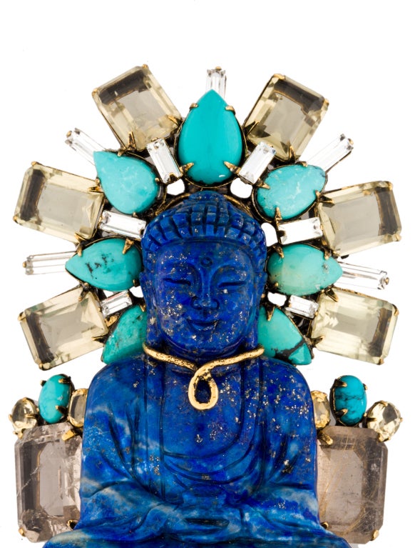Iradj Moini Lapis Turquoise and Topaz Buddha Brooch In New Condition In Cloverdale, CA
