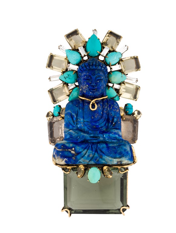 Iradj Moini Lapis Turquoise and Topaz Buddha Brooch 1
