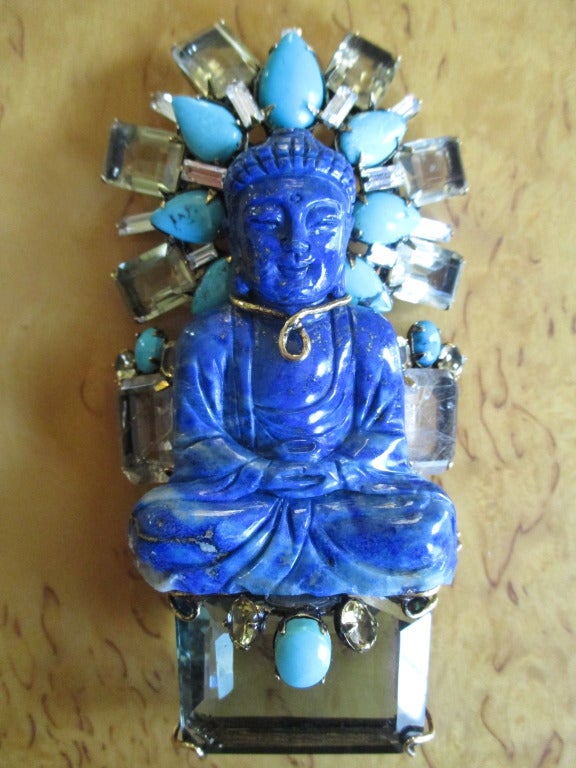 Iradj Moini Lapis Turquoise and Topaz Buddha Brooch 5
