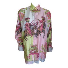 Gianni Versace Rare "Pages Romains" 90
s Silk Blouse w Medusa Enamel Cufflinks