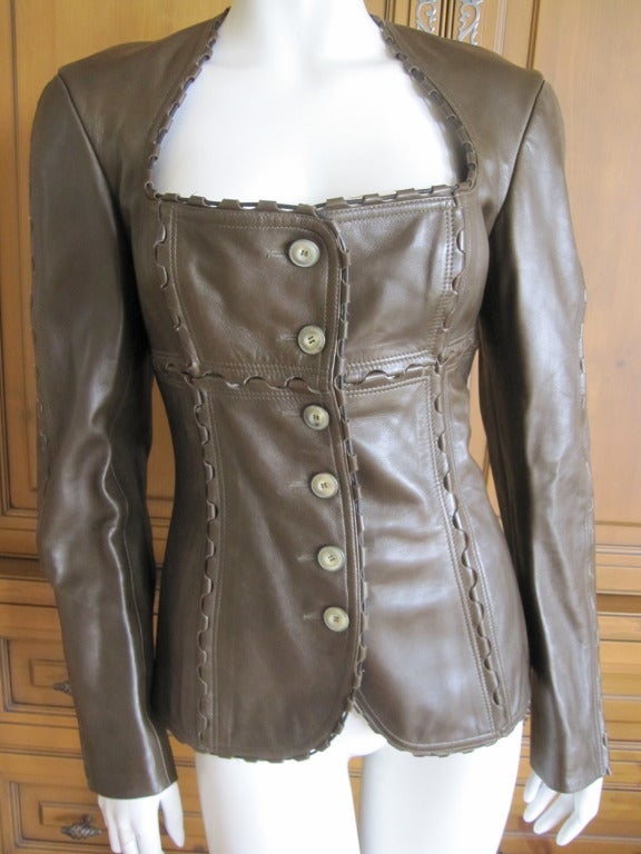 Azzedine Alaia vintage brown leather hinge jacket
Exquisite, the details are amazing. Lined in silk, each panel a different color