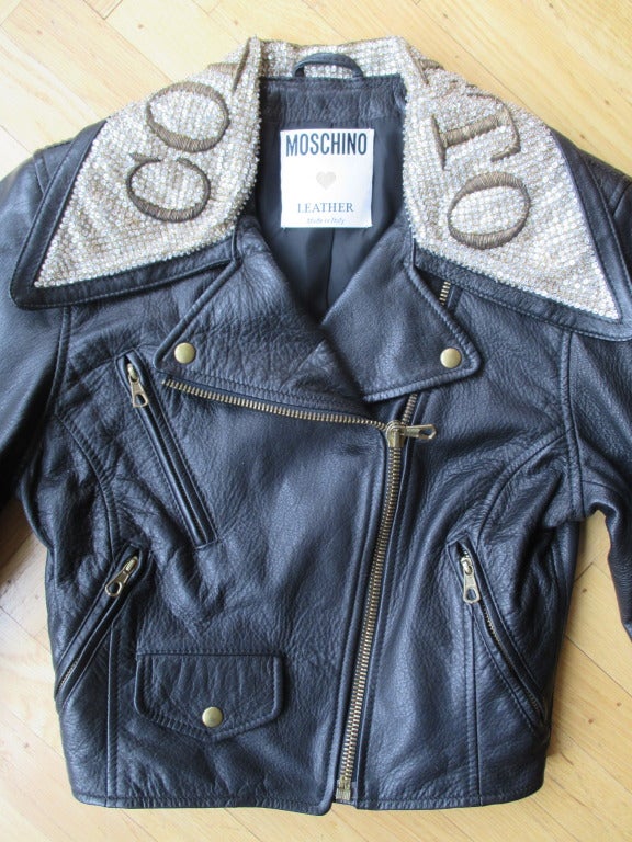 Moschino Leather  Vintage Leather Jacket with Jeweled Collar which spell's 
