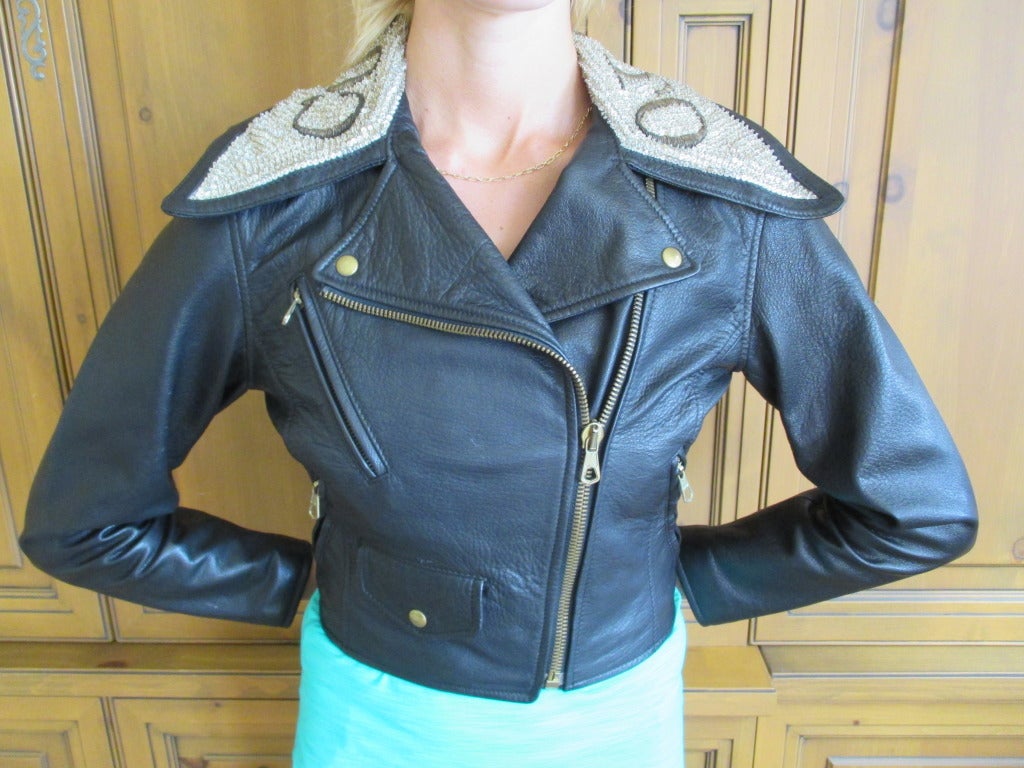 Moschino Leather  Vintage Leather Jacket with Jeweled Collar 