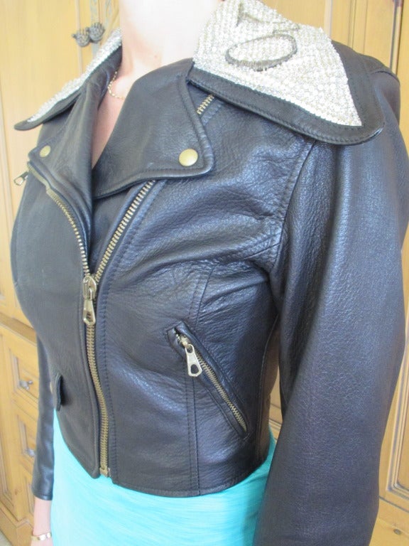 Women's Moschino Leather  Vintage Leather Jacket with Jeweled Collar 