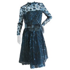 Vintage Jean-Louis Couture 1950's Black Bow Sequin Lace Cocktail Dress