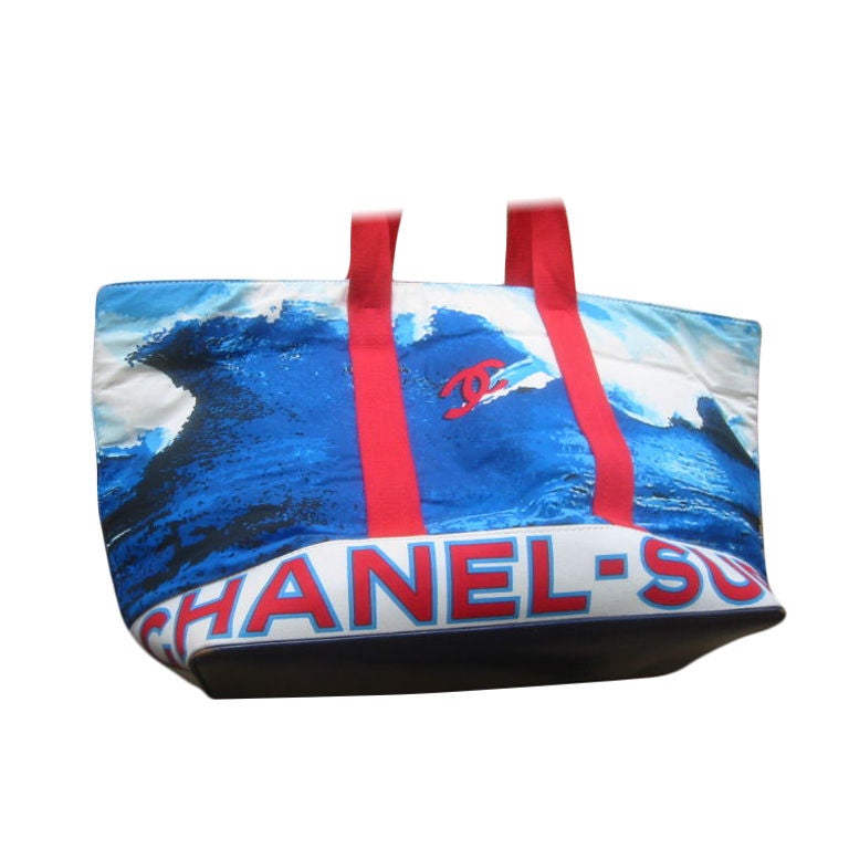 RARE ~CHANEL Large Beach Surf Tote Bag with Surf Board Key Chain