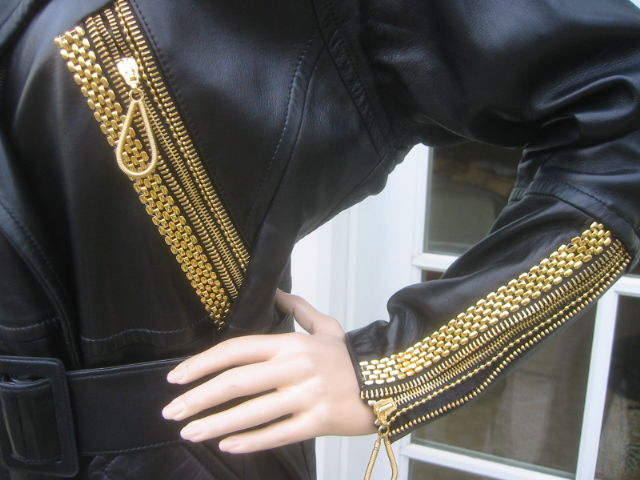 Gianfranco Ferre Leather Coat with Bold Gold Chain Studding