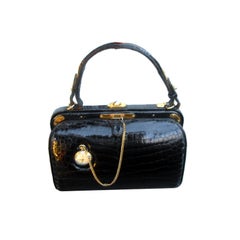 Retro French Alligator Handbag w Pocket Watch by Lederer