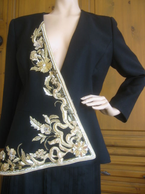 Black Asymmetrical Evening Jacket with Staggering Floral and Garland Gold Embroidery<br />
<br />
This is truly the finest collection of embroidered garments that I have seen in my thirty years in the fashion business. The museum-quality handwork