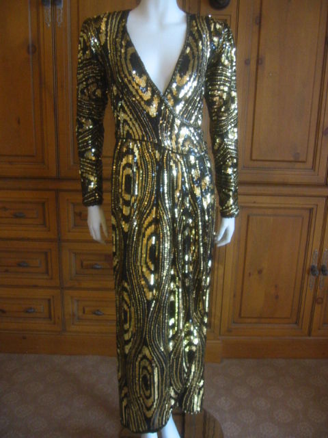 Halston Vintage 70's wrap dress  woodgrain sequins 6