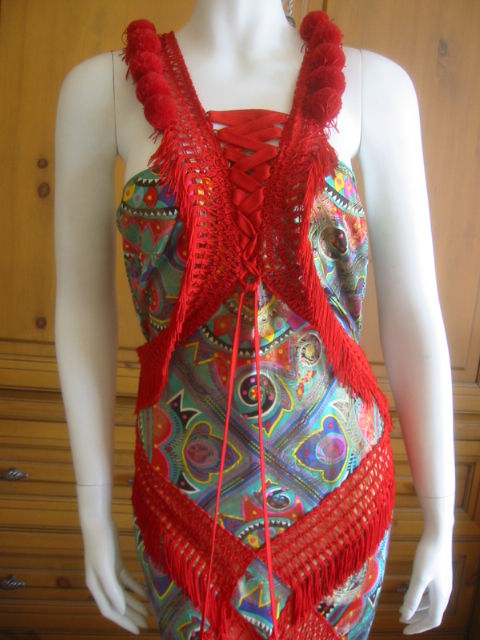 Galliano bias cut evening gown with pompon and fur trim