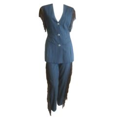 Vintage Ozbek  funky suede fringed sleeveless pinstripe suit