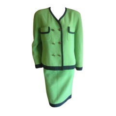 Chanel charming vintage neon green suit with black trim 42 at