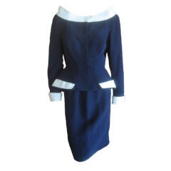 Thierry Mugler Navy suit with chic white portrait collar