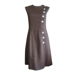 Adele Simpson brown linen side button sheath dress sz S