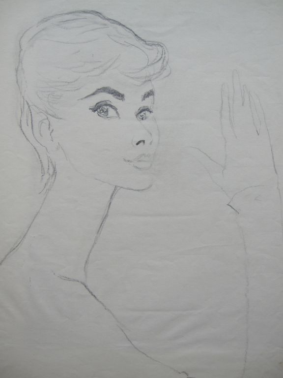 This is the original drawing of Audrey Hepburn by Rene Bouche.<br />
Audrey sat for this portrait, just before wining her Oscar for Roman Holiday.<br />
This appeared in US Vogue in the April 1954 Edition.<br />
The text in Vogue reads 
