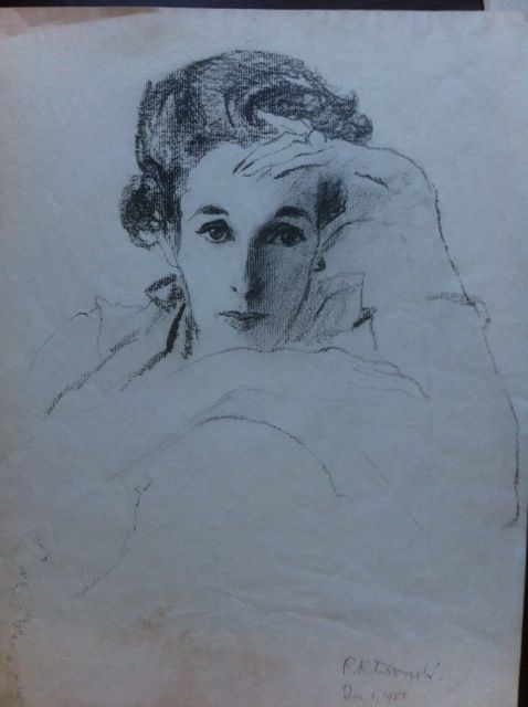Exquisite conte crayon portrait of Babe Paley by Rene Bouche, signed and dated Dec 1954.<br />
Rene Bouche is considered one of the finest fashion illustrators of his era, and was the house illustrator for Vogue.<br />
Babe Mortimer Paley was one