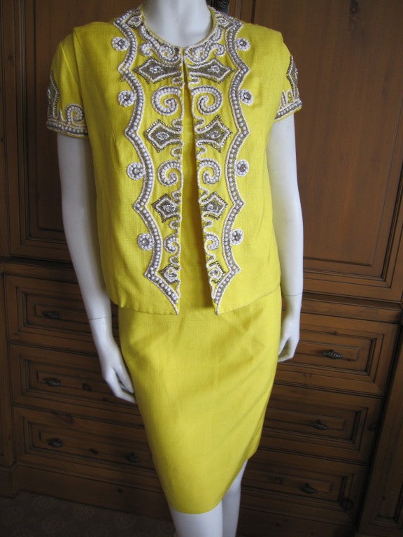 Mr Blackwell yellow silk dress with jeweled jacket<br />
Dress;<br />
Bust 38