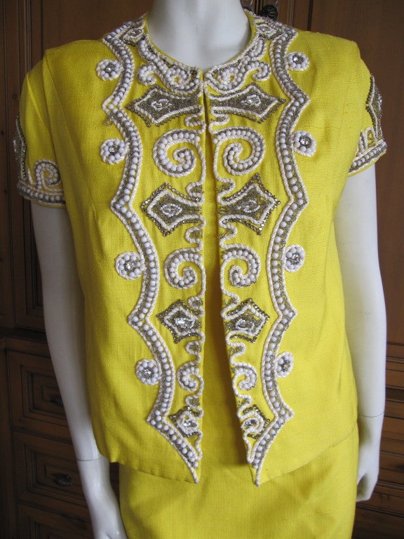 Women's Mr Blackwell yellow silk dress with jeweled jacket