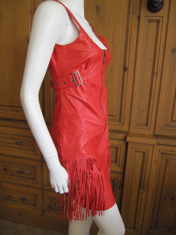 Versace Jeans Couture tomato red leather dress with fringe <br />
sz 40<br />
Bust 36
