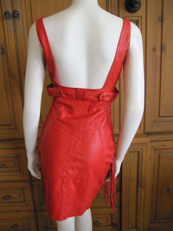 Women's Versace tomato red leather dress with fringe sz 40