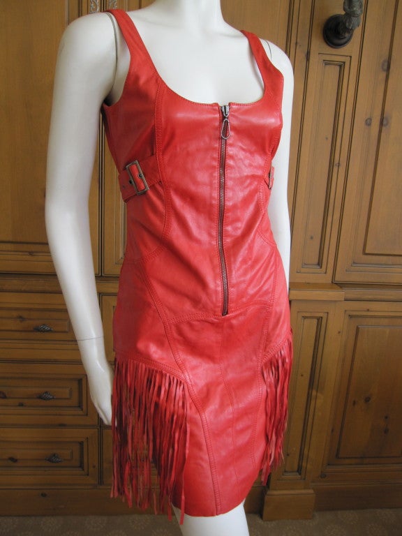 Versace tomato red leather dress with fringe sz 40 1
