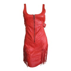 Versace tomato red leather dress with fringe sz 40