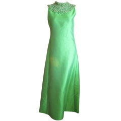 Vintage 1960
s Green Silk dress with wide jeweled collar