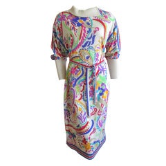 Vintage Leonard festive floral dress with ribbed collar and belt