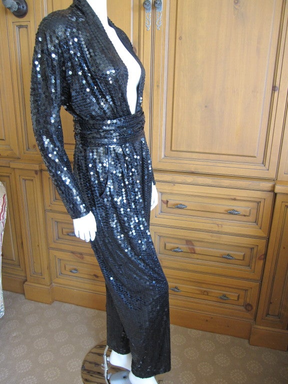 Women's Halston 1970's disco era sexy sequin jumpsuit with belt