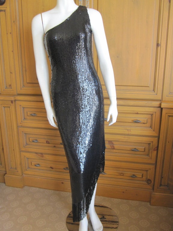 Museum Held 1974 Bill Blass One Shoulder Glossy Black Sequin Dress w Asymetrical Fringe Hem main image 0