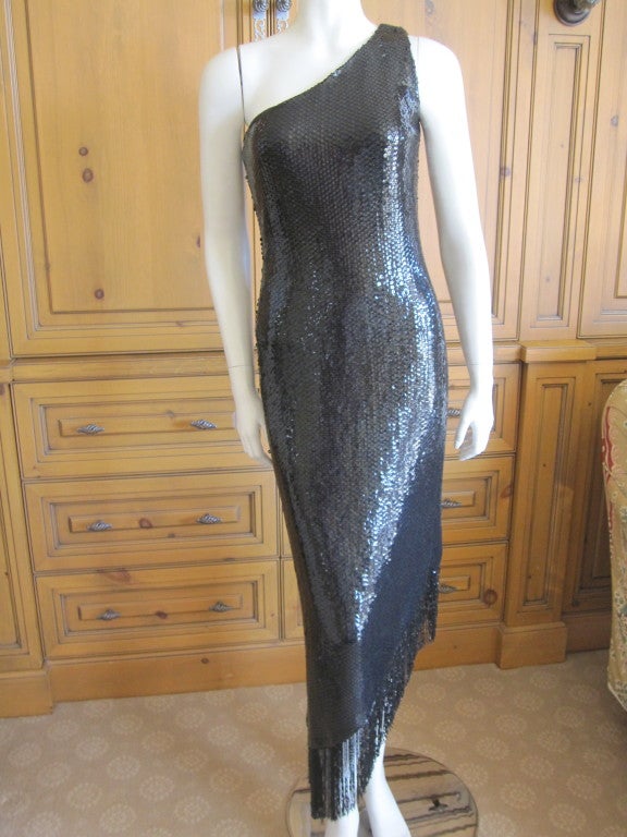Bill Blass 1970's sequin one shoulder dress assymetrical fringe at 1stDibs