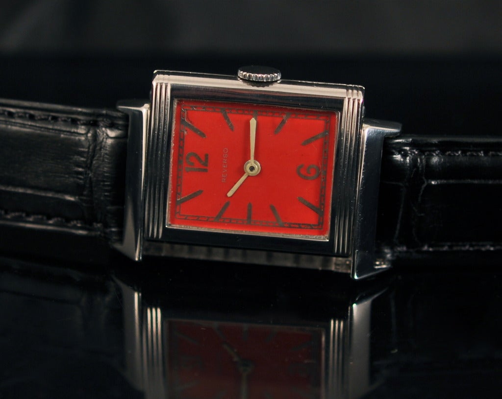 Women's or Men's Jaeger-LeCoultre Stainless Steel Reverso Wristwatch with Red Dial circa 1931