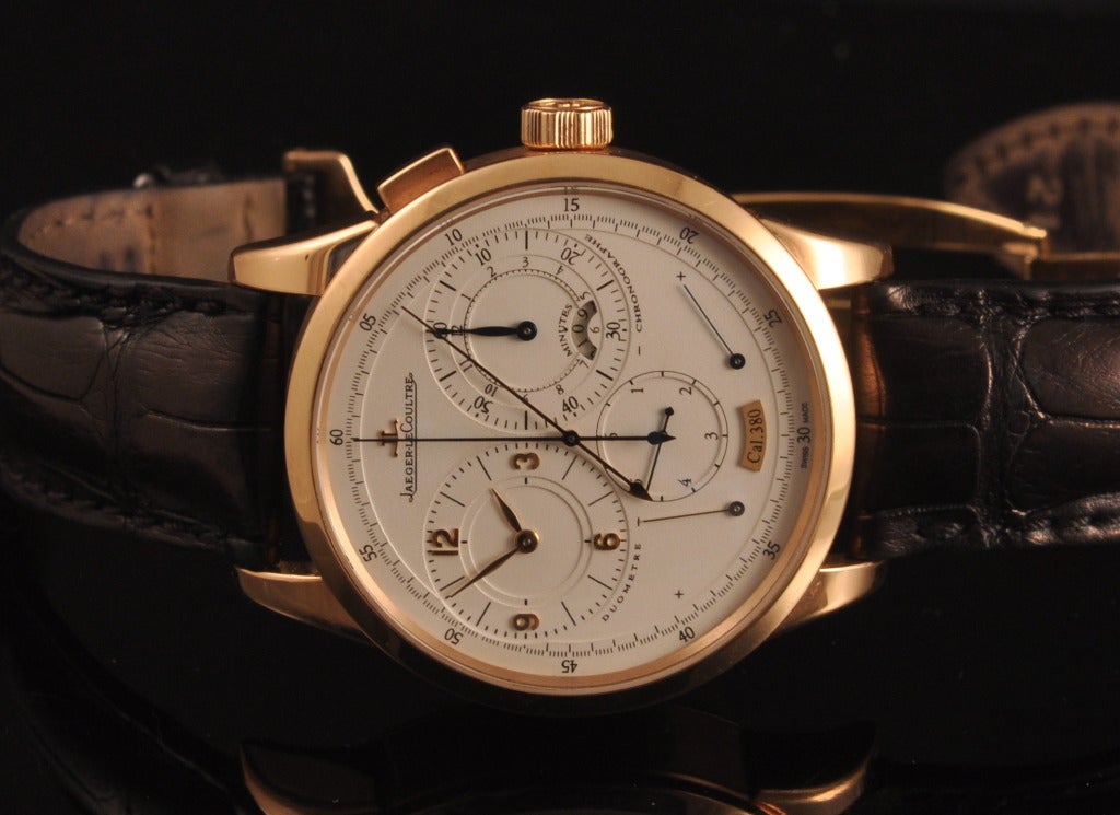 Jaeger-LeCoultre 18k rose gold Duometre single-button chronograph foudroyante wristwatch with jumping sixths, one power reserve for time and a separate power reserve for chronograph. Box and paper