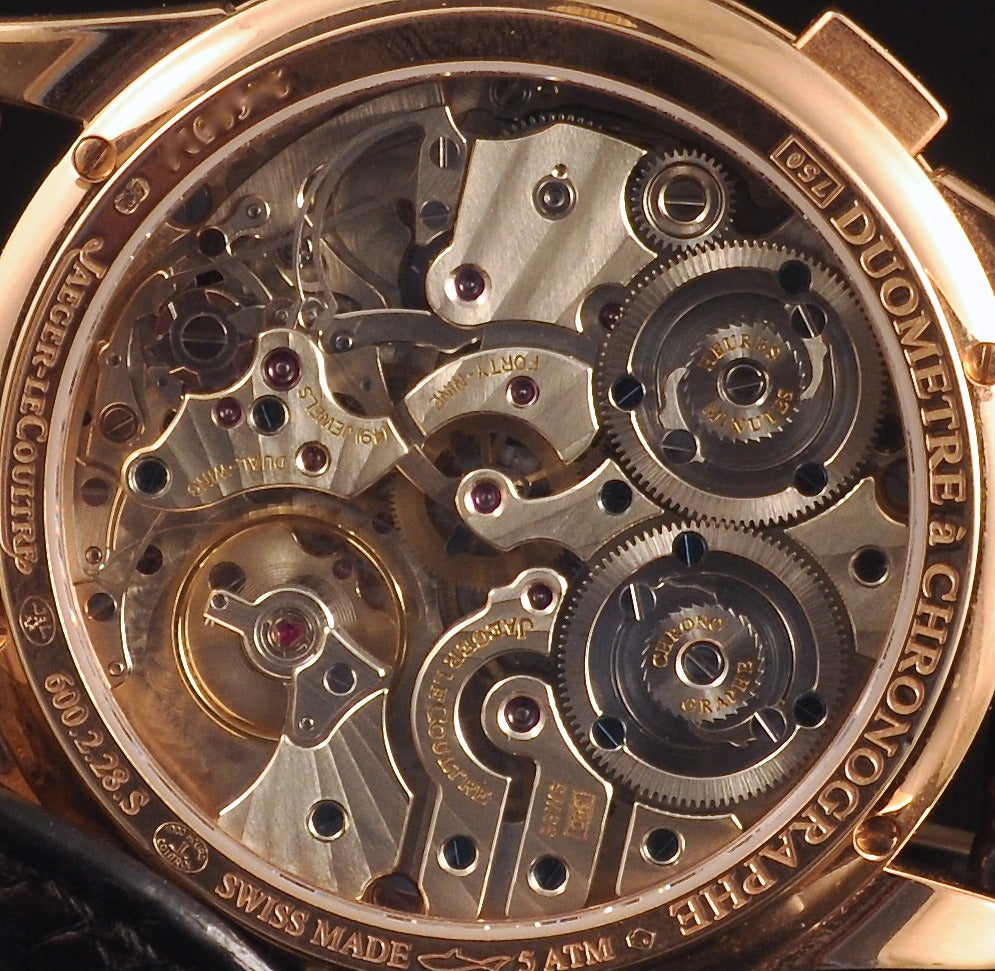 Men's Jaeger-LeCoultre Rose Gold Duometre Chronograph Wristwatch circa 2012 For Sale