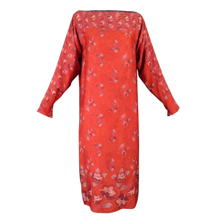1980
s Halston III Red Silk Print Peasant Dress