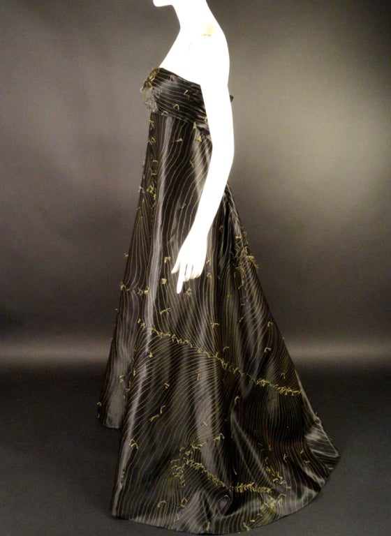 Fall, 2002 Chado Haute Couture Black & Sage Satin Print Evening Gown & Stole In Excellent Condition In Dallas, TX