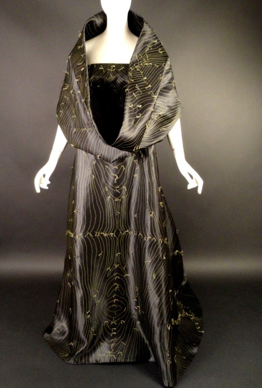 Fall, 2002 Chado Haute Couture Black & Sage Satin Print Evening Gown & Stole 1